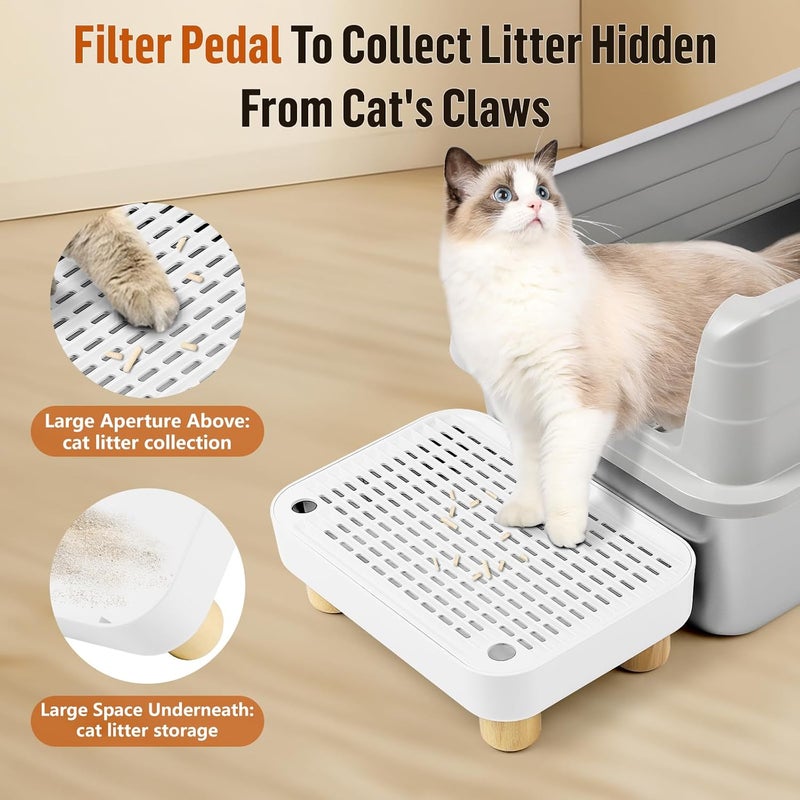 Bartuke Cat Litter Box Step Ramp, Cat Litter Catcher Mat with Wooden Feet, Filter Function, Pedal Stool for Self-Cleaning Litter Box, Ideal for Kitten & Elderly Cats (White) - Image 3